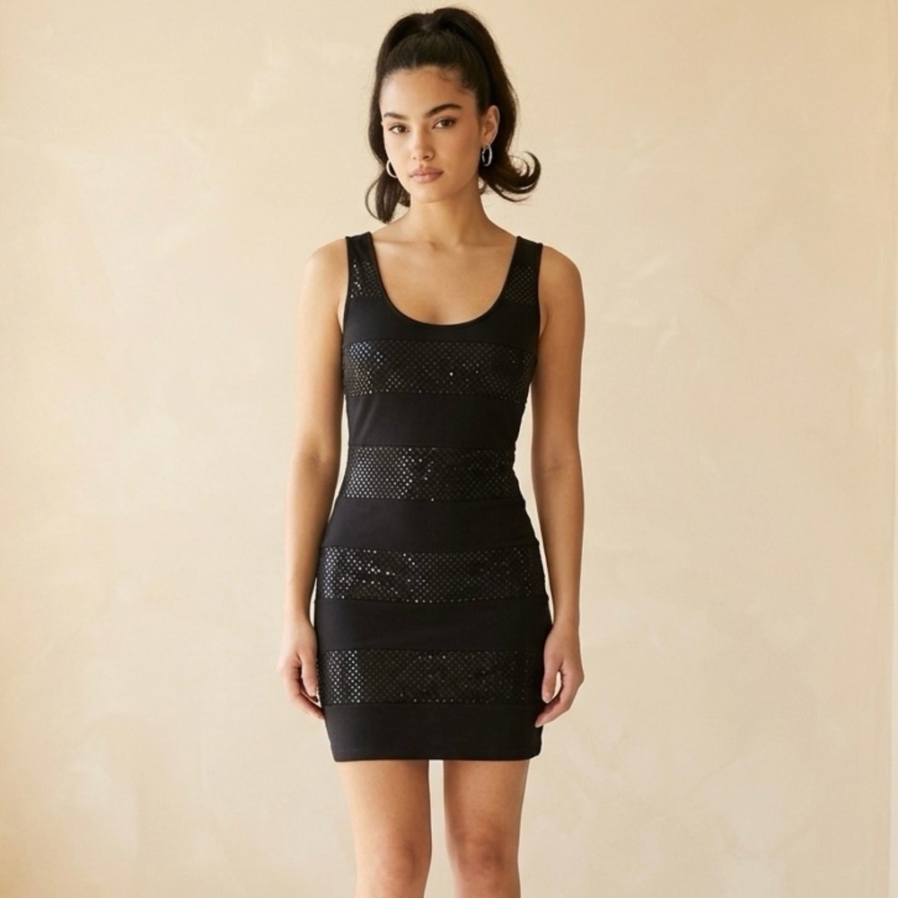 Express Sleeveless Mini Dress Black Foil Dot Striped Party Womens Size XS